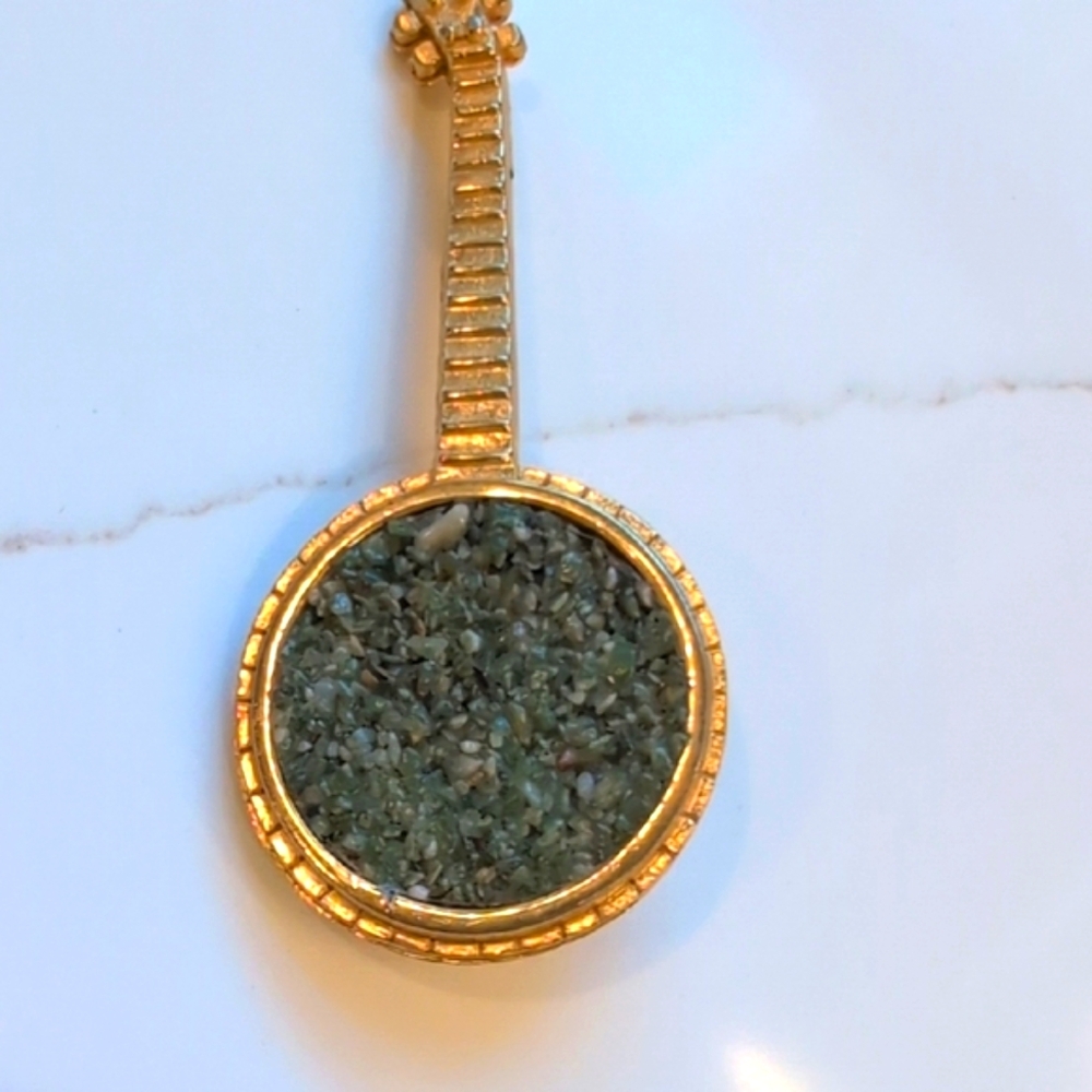 Vintage 1950's Estate Sale Green & Gold Banjo Brooch Pin Sparkling Stones Rare